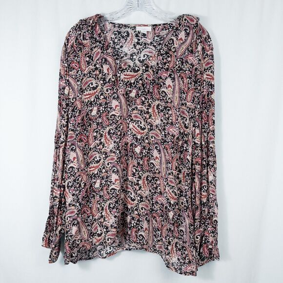 J Jill Ruffled Crepe Rayon Paisley Blouse Womens Large Red Black Boho Artsy - Picture 1 of 14
